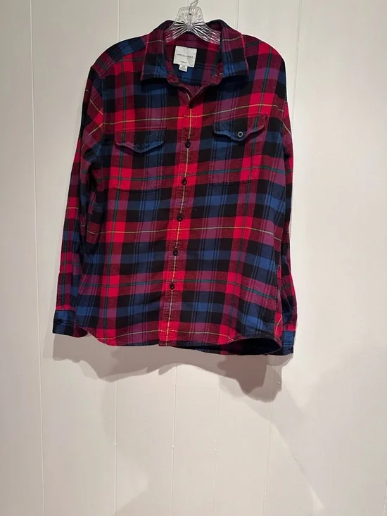 American Eagle Plaid Flannel Shirt Womens Large Red Blue Button Front - Picture 3 of 9